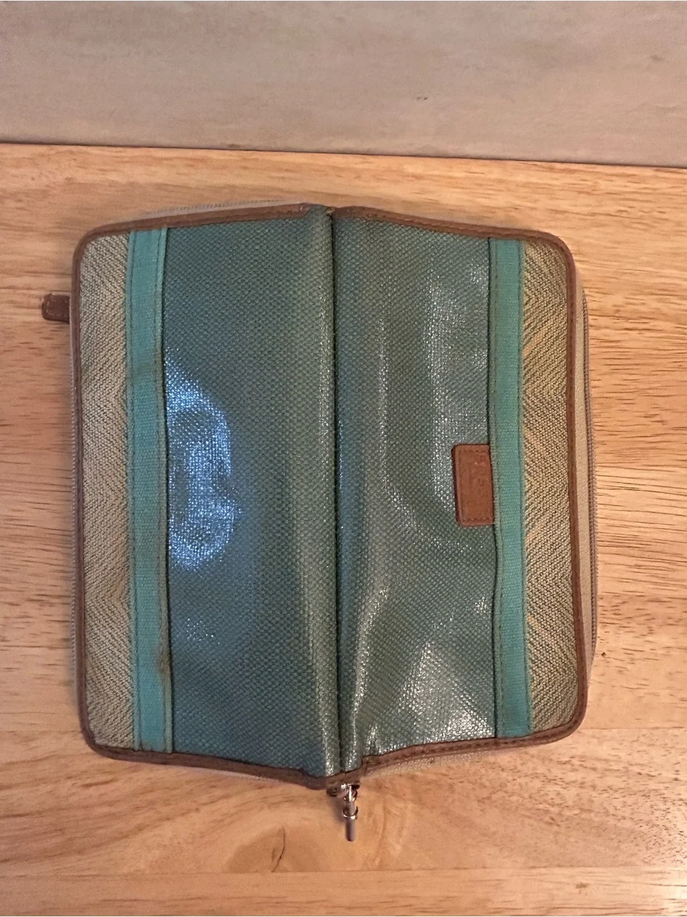 Fossil Teal and Tan Zip Wallet with Herringbone Accent